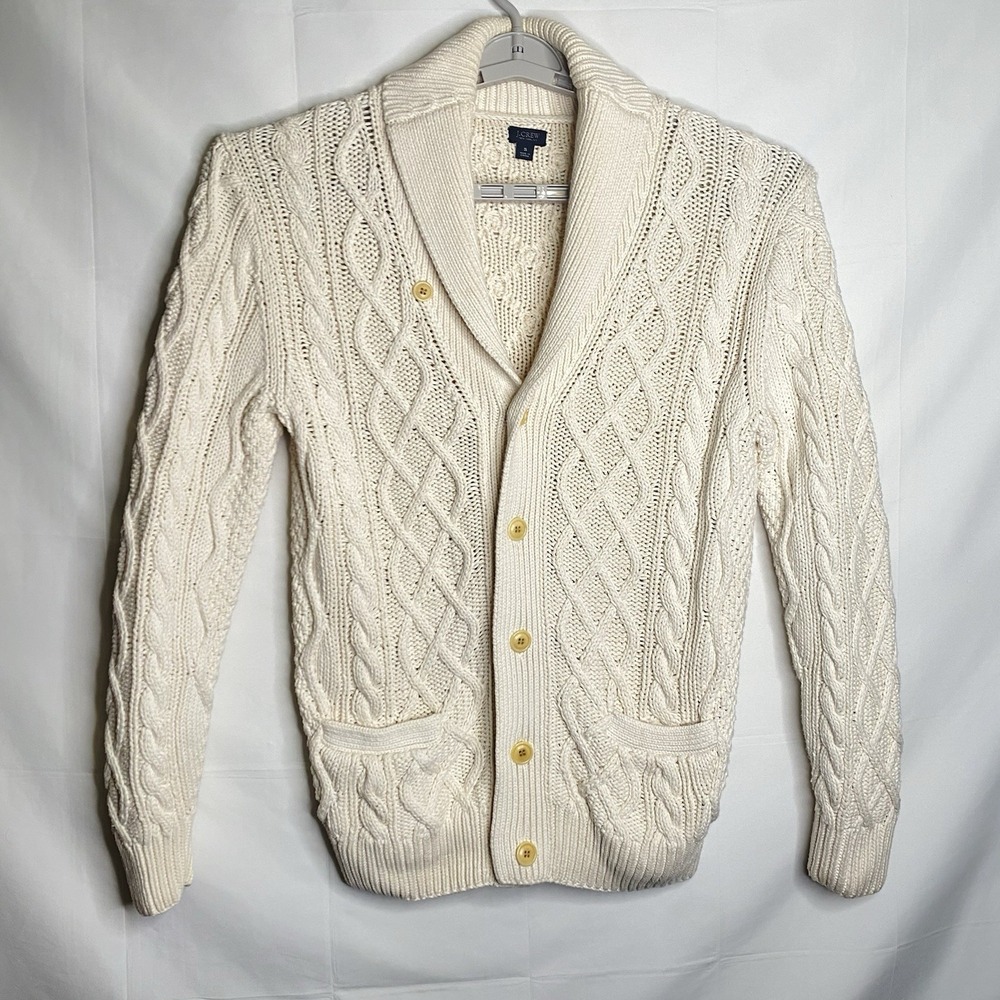 J. CREW Mens Sweater Cable-Knit Shawl Collar Cardigan Cotton Natural Men's S‎